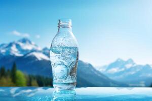 clean drinking water in a bottle against the background of a lake and mountains photo