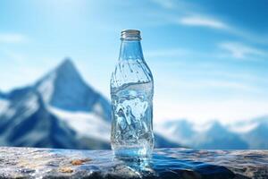 clean drinking water in a bottle against the background of a lake and mountains photo