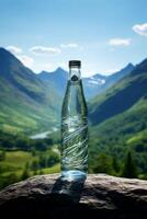 clean drinking water in a bottle against the background of a lake and mountains photo