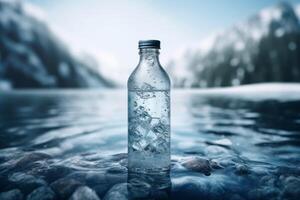 clean drinking water in a bottle against the background of a lake and mountains photo