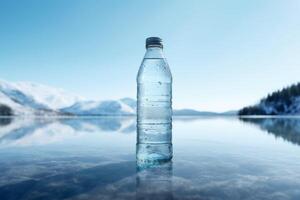 clean drinking water in a bottle against the background of a lake and mountains photo