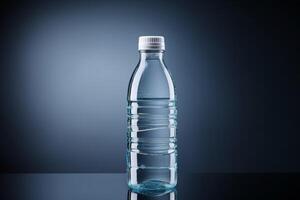 clean drinking water in a bottle against the background of a lake and mountains photo