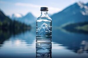 clean drinking water in a bottle against the background of a lake and mountains photo