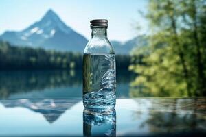 clean drinking water in a bottle against the background of a lake and mountains photo