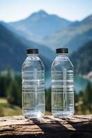 clean drinking water in a bottle against the background of a lake and mountains photo