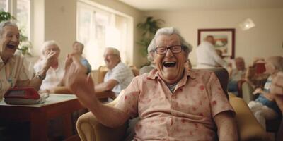 elderly people in a nursing home having fun photo