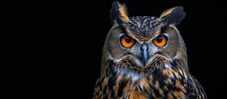 owl on a black background close-up portrait photo