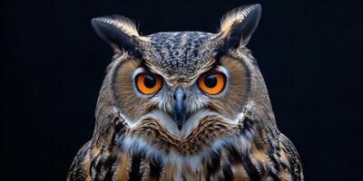 owl on a black background close-up portrait photo