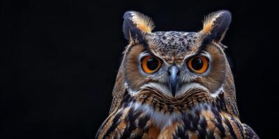 owl on a black background close-up portrait photo