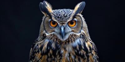 owl on a black background close-up portrait photo