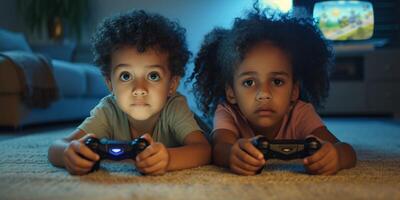 children lie on the floor of the room and play a game photo