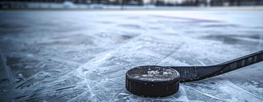 stick and puck on ice photo