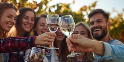 friends clink glasses drinking wine in a grape field photo