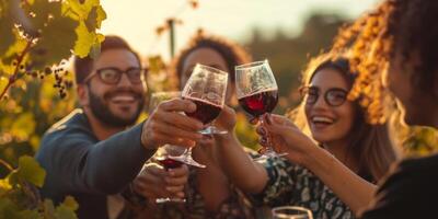 friends clink glasses drinking wine in a grape field photo