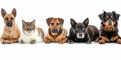 cats and dogs of different breeds on a white background photo