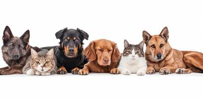 cats and dogs of different breeds on a white background photo