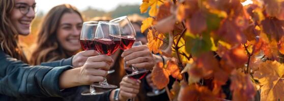 friends clink glasses drinking wine in a grape field photo