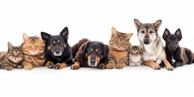 gatos y perros de diferente razas en un blanco antecedentes foto
