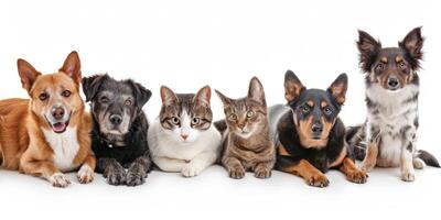 gatos y perros de diferente razas en un blanco antecedentes foto