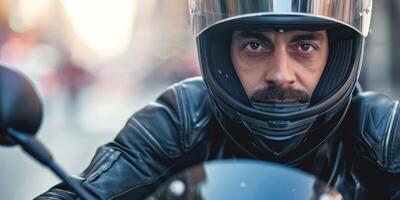 motorcyclist in a helmet rides a motorcycle close-up photo