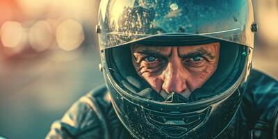 motociclista en un casco paseos un motocicleta de cerca foto