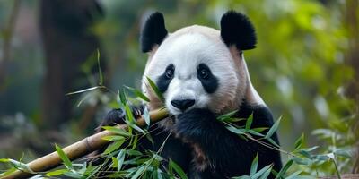 Panda eats bamboo close-up photo