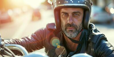 motorcyclist in a helmet rides a motorcycle close-up photo