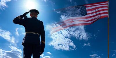 American police officer salutes the US flag photo