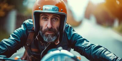 motorcyclist in a helmet rides a motorcycle close-up photo