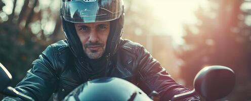 motorcyclist in a helmet rides a motorcycle close-up photo