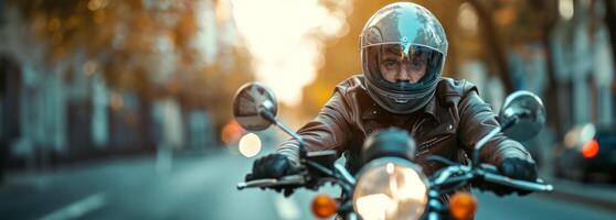 motociclista en un casco paseos un motocicleta de cerca foto