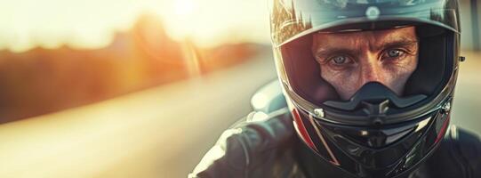 motociclista en un casco paseos un motocicleta de cerca foto