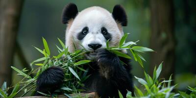 Panda eats bamboo close-up photo