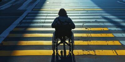 discapacitado persona en un silla de ruedas paseos abajo el calle foto