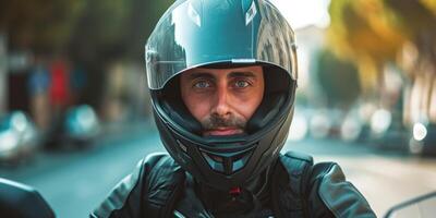 motociclista en un casco paseos un motocicleta de cerca foto