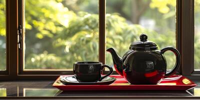 tea set on a wooden tray photo