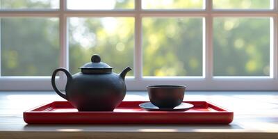 tea set on a wooden tray photo