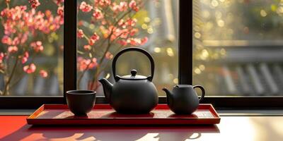 tea set on a wooden tray photo