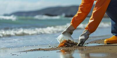 eco activist cleaning up trash from the beach photo