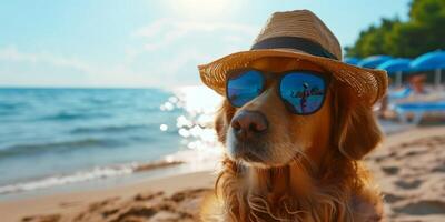 dog with sunglasses and straw hat on the beach photo