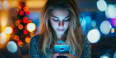 girl uses smartphone with social media icons photo