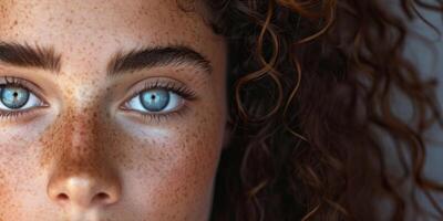 close-up portrait of a curly-haired girl with green-blue eyes photo