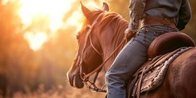 Cowgirl in a hat on a horse photo