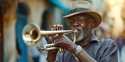 African American trumpeter plays on the street photo