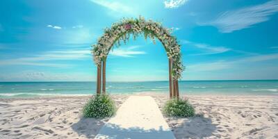 decorative wedding arch on the white sand seashore photo