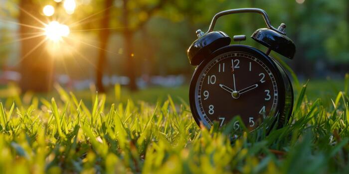 alarma reloj en verde césped de cerca foto