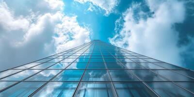 skyscraper reaching into the sky and breaking clouds photo