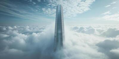 skyscraper reaching into the sky and breaking clouds photo