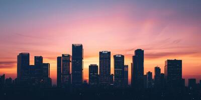 rascacielos de un grande ciudad a puesta de sol foto