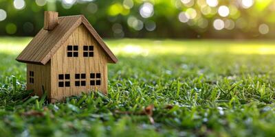 wooden model of a house on green grass concept photo